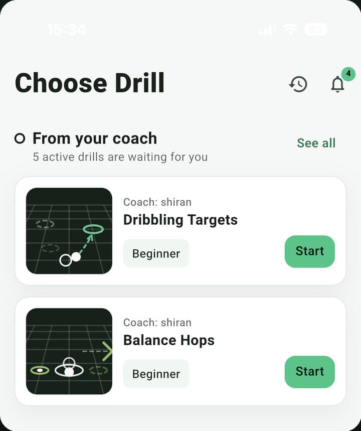 Choose Drill screen with drills assigned by a coach