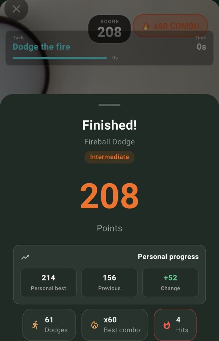 Drill result: 208 points with personal progress